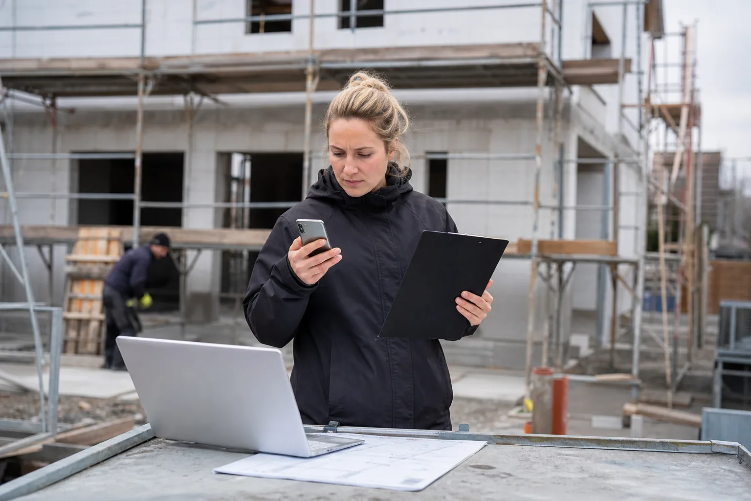 Bauleiterin vergleicht auf der Baustelle Einträge auf Smartphone, Klemmbrett und Notebook