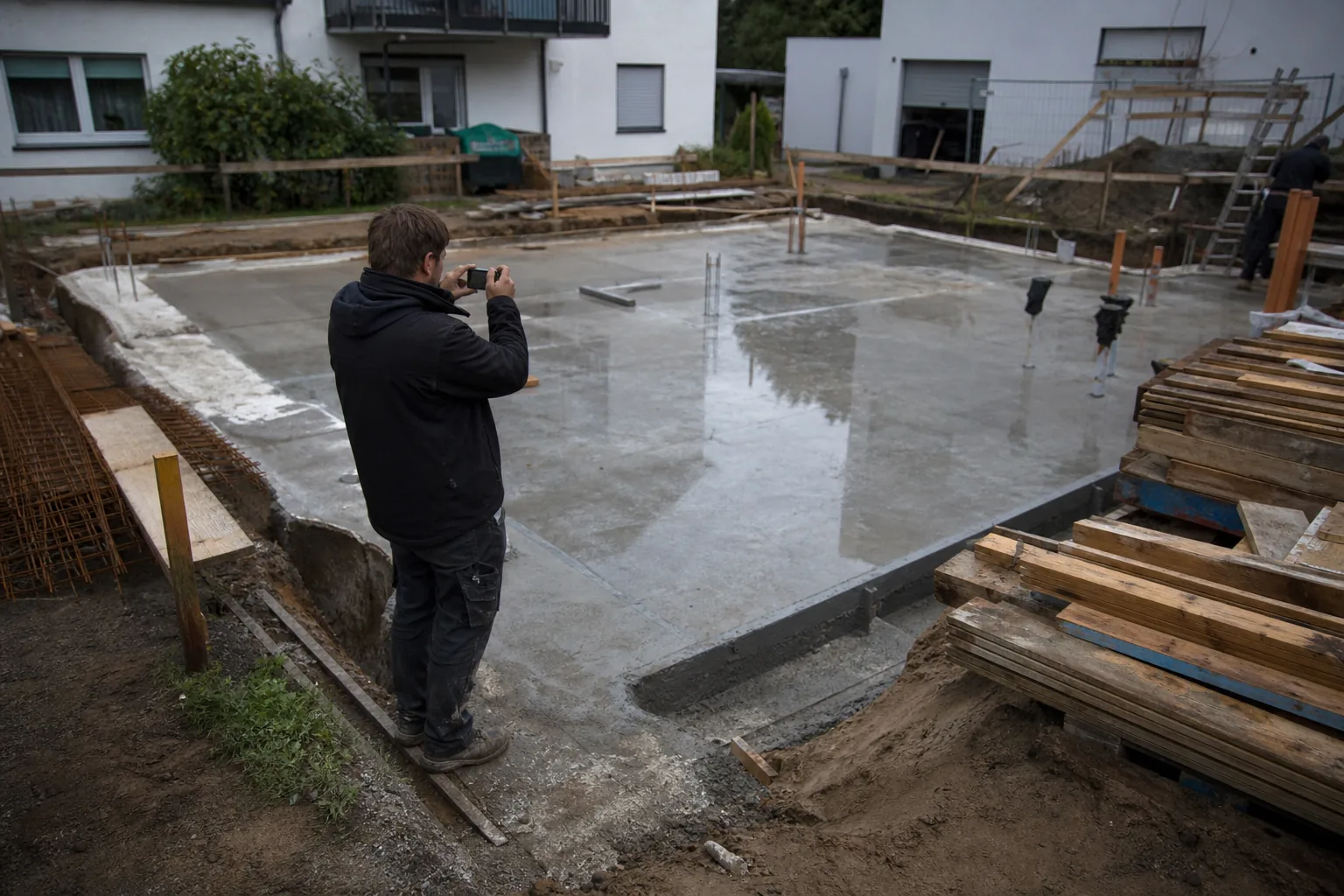 Bauleiter dokumentiert eine fehlende Abdichtung an einer Bodenplatte