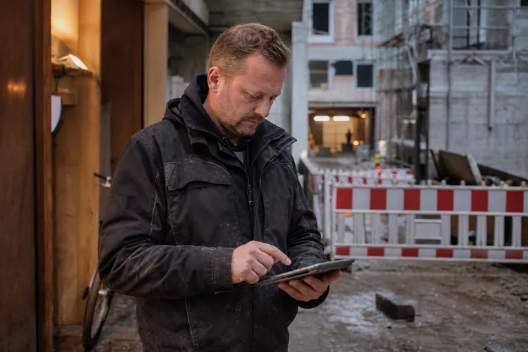 Bauleiter erstellt auf der Baustelle eine Behinderungsanzeige auf einem Tablet
