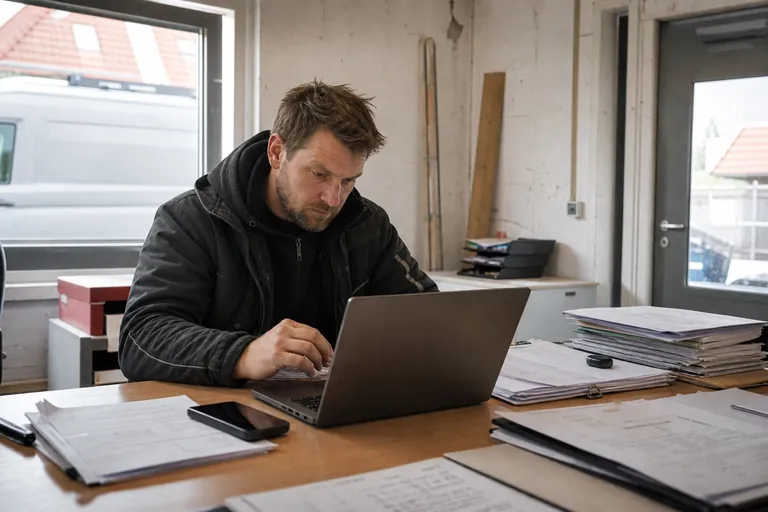 Bauleiter kalkuliert am Schreibtisch den Aufwand für Baudokumentation mit Notebook und Bauakten