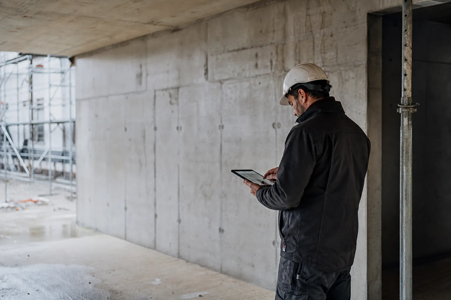 Bauleiter prüft auf einer Wohnbaustelle Fotos und Notizen auf einem Tablet